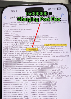iPhone 15 Pro Max Panic log example. It will restart if the charging port flex is unplugged, causing 0x300000 panic log error