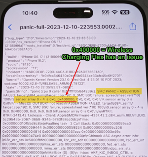 Panic Log Example of 0x400000, which is due to the wireless charging flex being unplugged