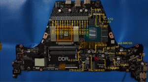 Resistance measurements of the inductors soldered to the front of the ASUS GX650PY's motherboard.